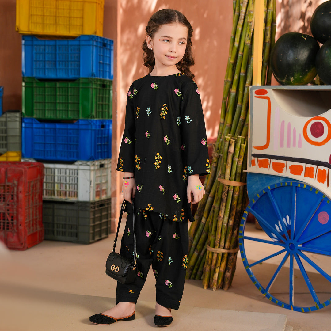 Girls Cotton Slub Emb 2Pcs Jahan Gul-BLACK