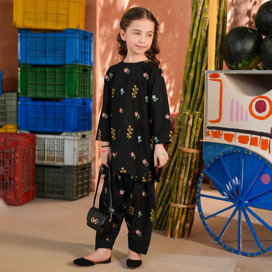 Girls Cotton Slub Emb 2Pcs Jahan Gul-BLACK