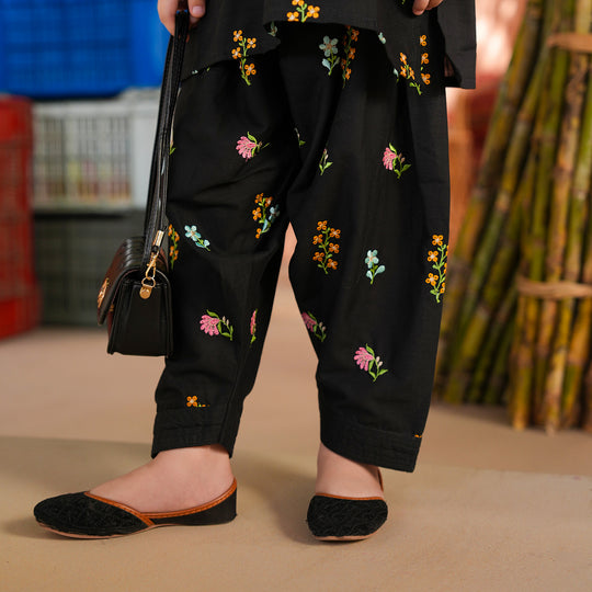 Girls Cotton Slub Emb 2Pcs Jahan Gul-BLACK