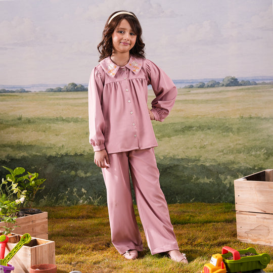 Girls Cotton Twill Embroidered Co-ord Set Blush - Light Pink