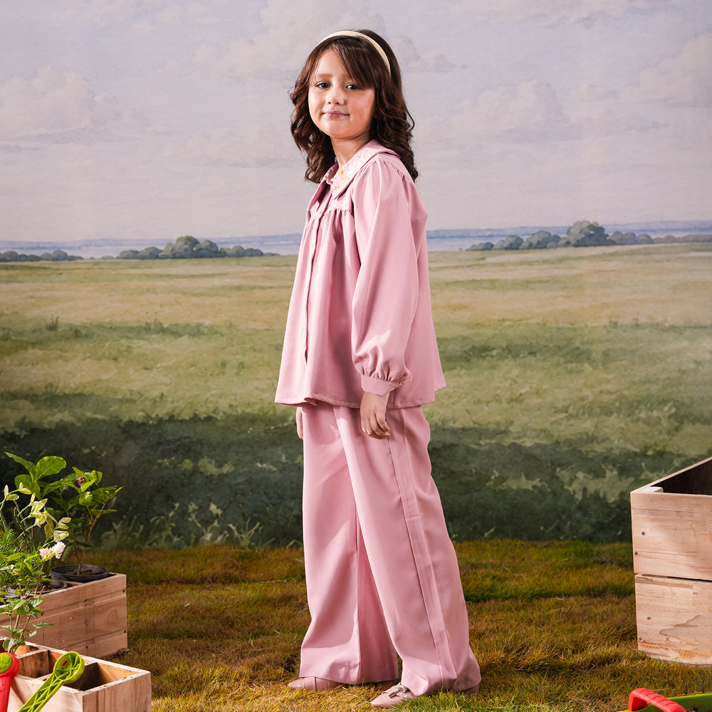Girls Cotton Twill Embroidered Co-ord Set Blush - Light Pink