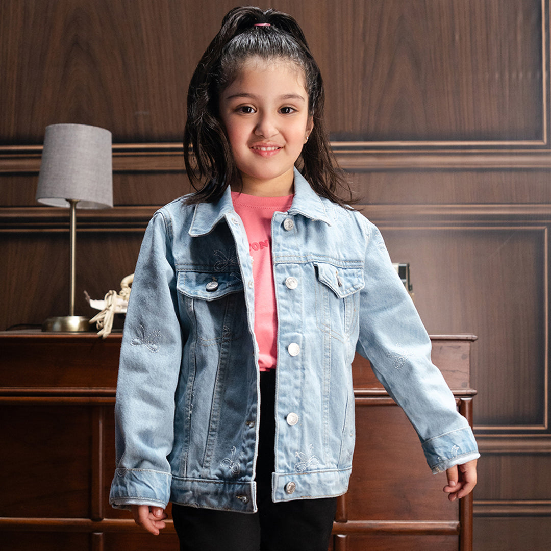 Girls Denim rigid Woven Jacket Bow-LT.Blue