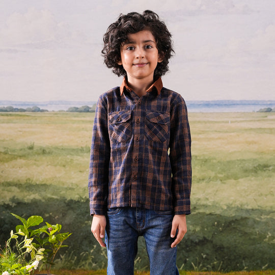 Boys Flannel Shirt (Eight) - Navy & Check