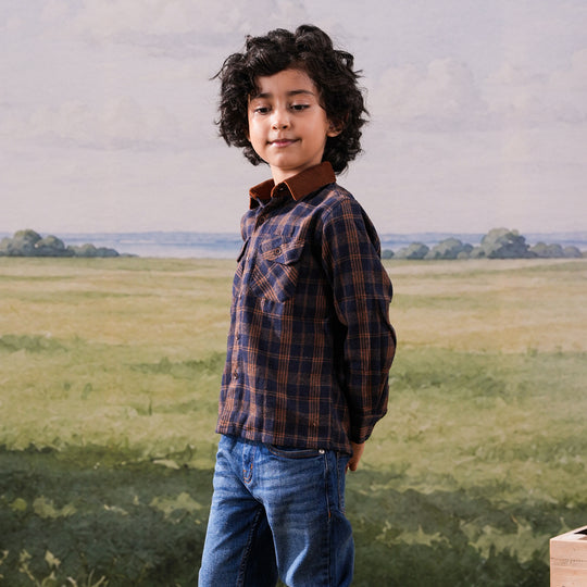 Boys Flannel Shirt (Eight) - Navy & Check