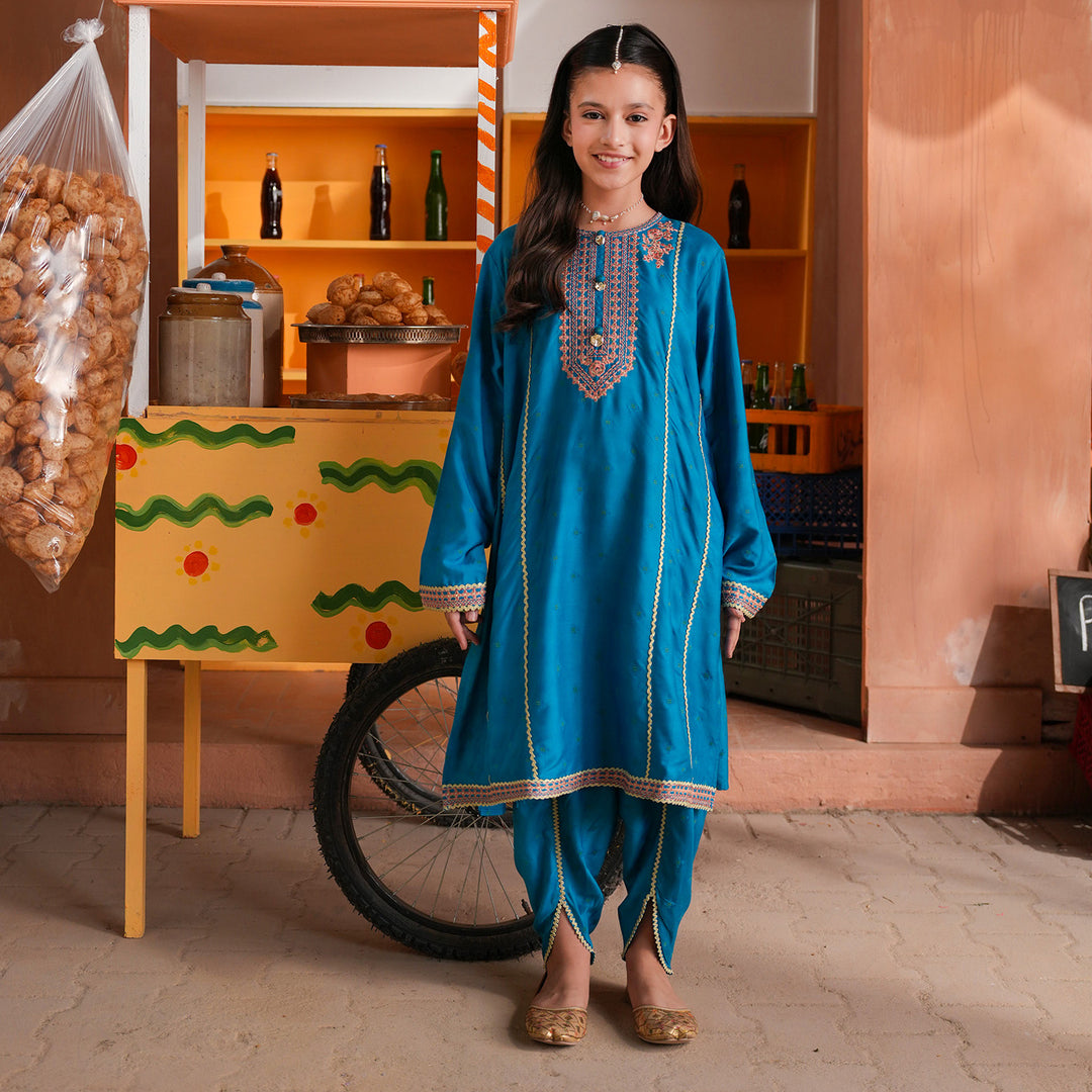 Girls Jacquard Embroidered Suit (Aabroo) - Teal/Blue