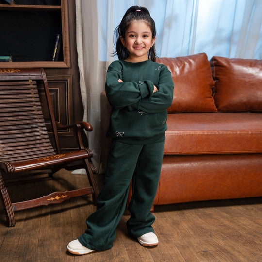 Girls Fleece 2 Piece Suit Pearl Bow-Green