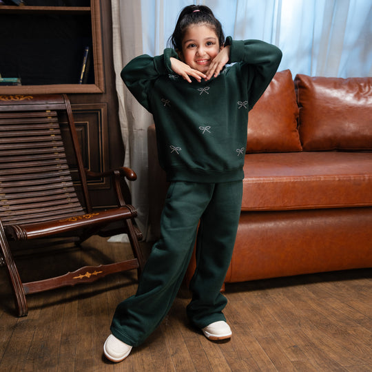 Girls Fleece 2 Piece Suit Pearl Bow-Green