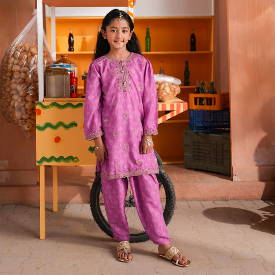 Girls Poly Lawn 2Pcs (Chamak) - Purple