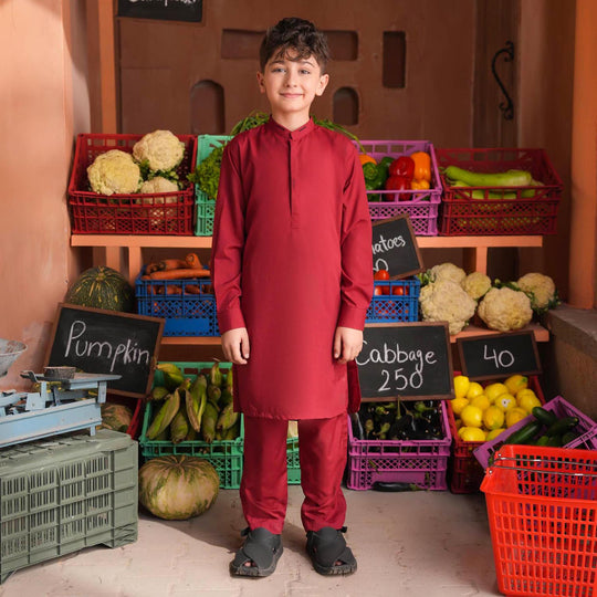 Boys Poly Viscose Kurta Pajama (Cut Placket) -RED