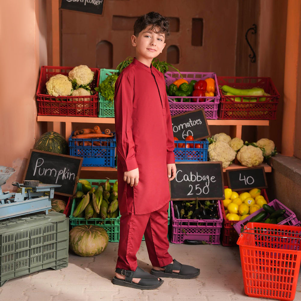 Boys Poly Viscose Kurta Pajama (Cut Placket) -RED
