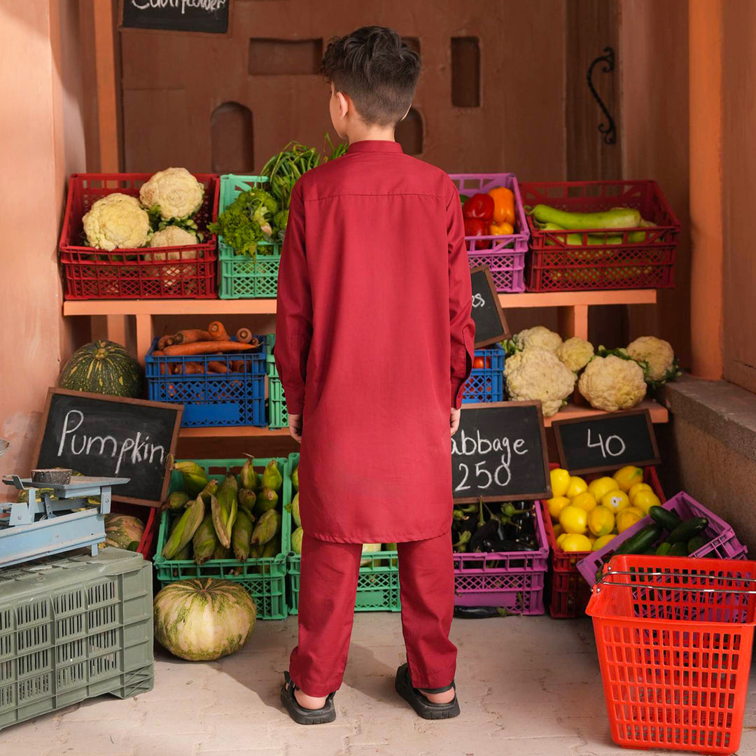 Boys Poly Viscose Kurta Pajama (Cut Placket) -RED