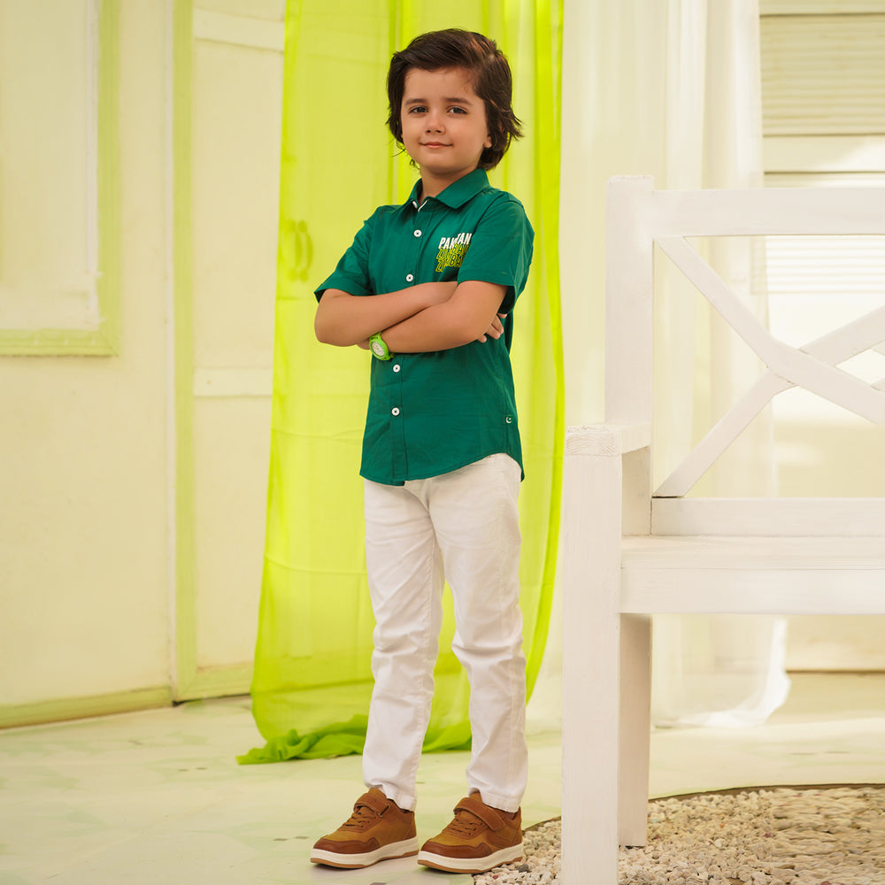 Boys Cotton Poplin Shirt (Pak Zinda Bad)-GREEN