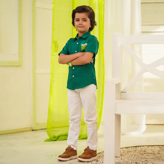Boys Cotton Poplin Shirt (Pak Zinda Bad)-GREEN