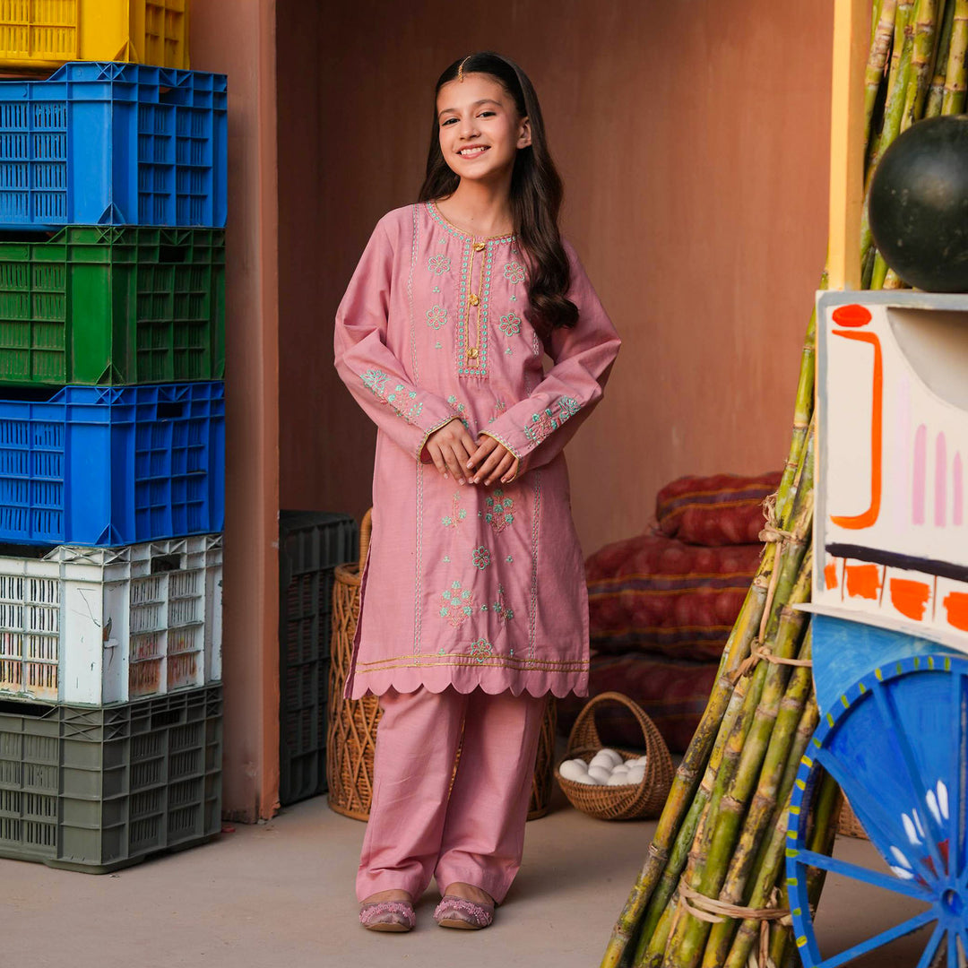 Girls Cotton Slub Emb 2Pcs Mina -Pink