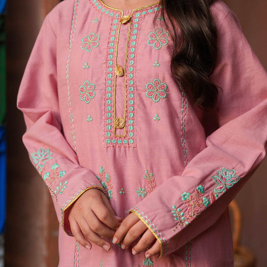 Girls Cotton Slub Emb 2Pcs Mina -Pink