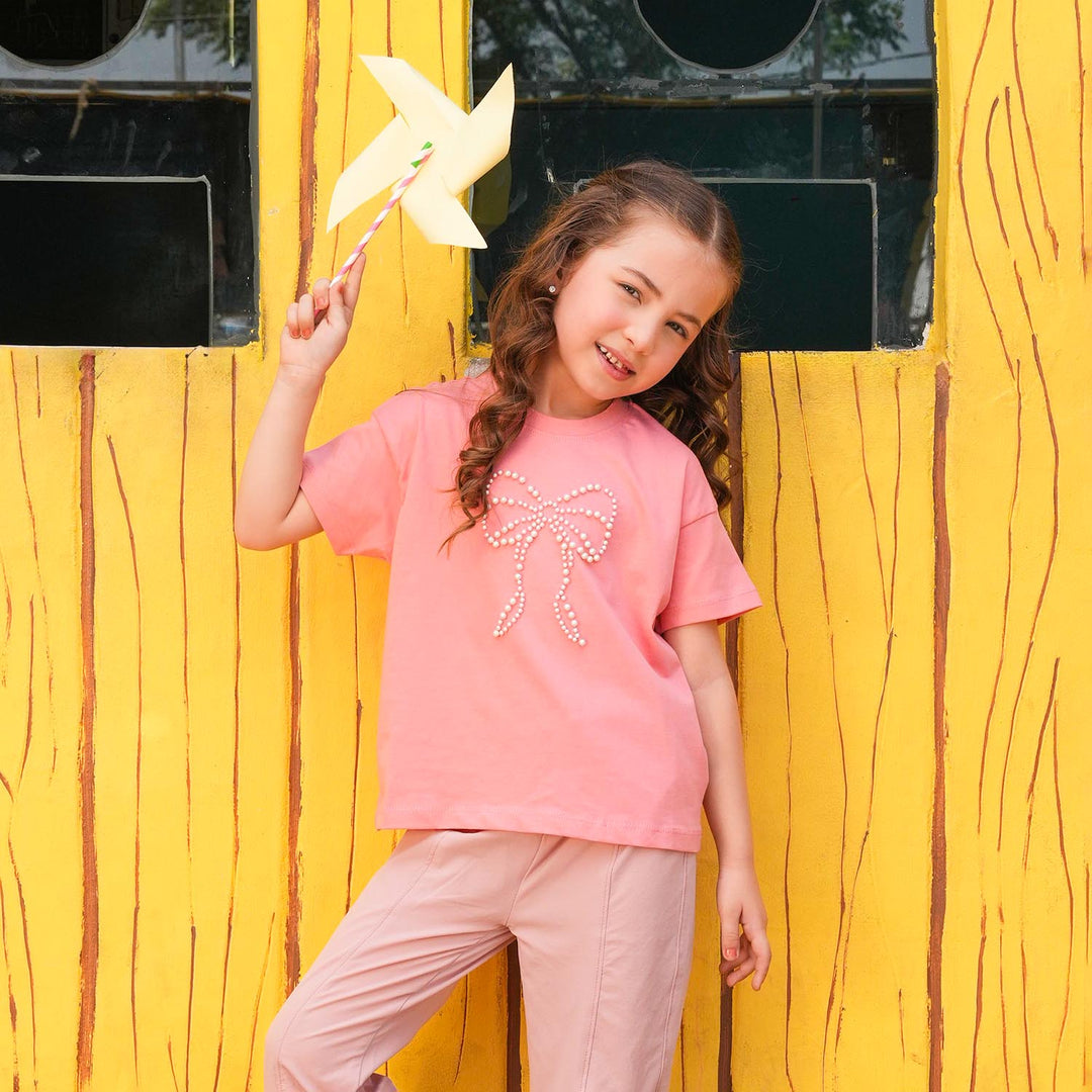 Girls Jersey/Terry T-Shirt (Pearls Bow) - Peach
