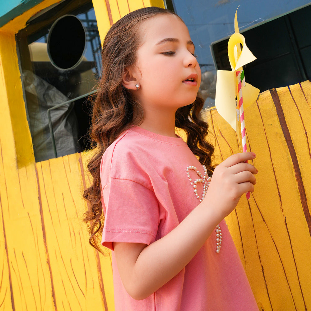 Girls Jersey/Terry T-Shirt (Pearls Bow) - Peach