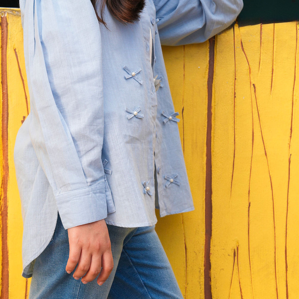 Girls Cotton Slub Top Blue Bow