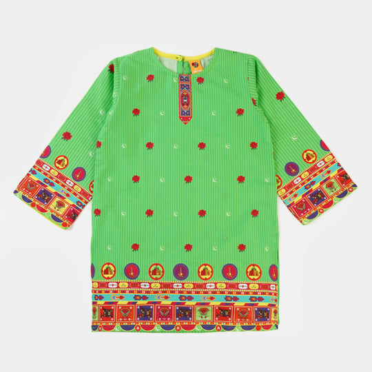 Girls Cotton Independence Kurti Truck Art - Green