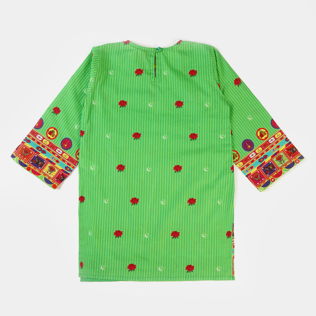 Girls Cotton Independence Kurti Truck Art - Green