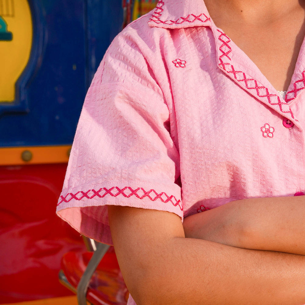 Girls Cotton Embroidered Top (Candy) - Pink