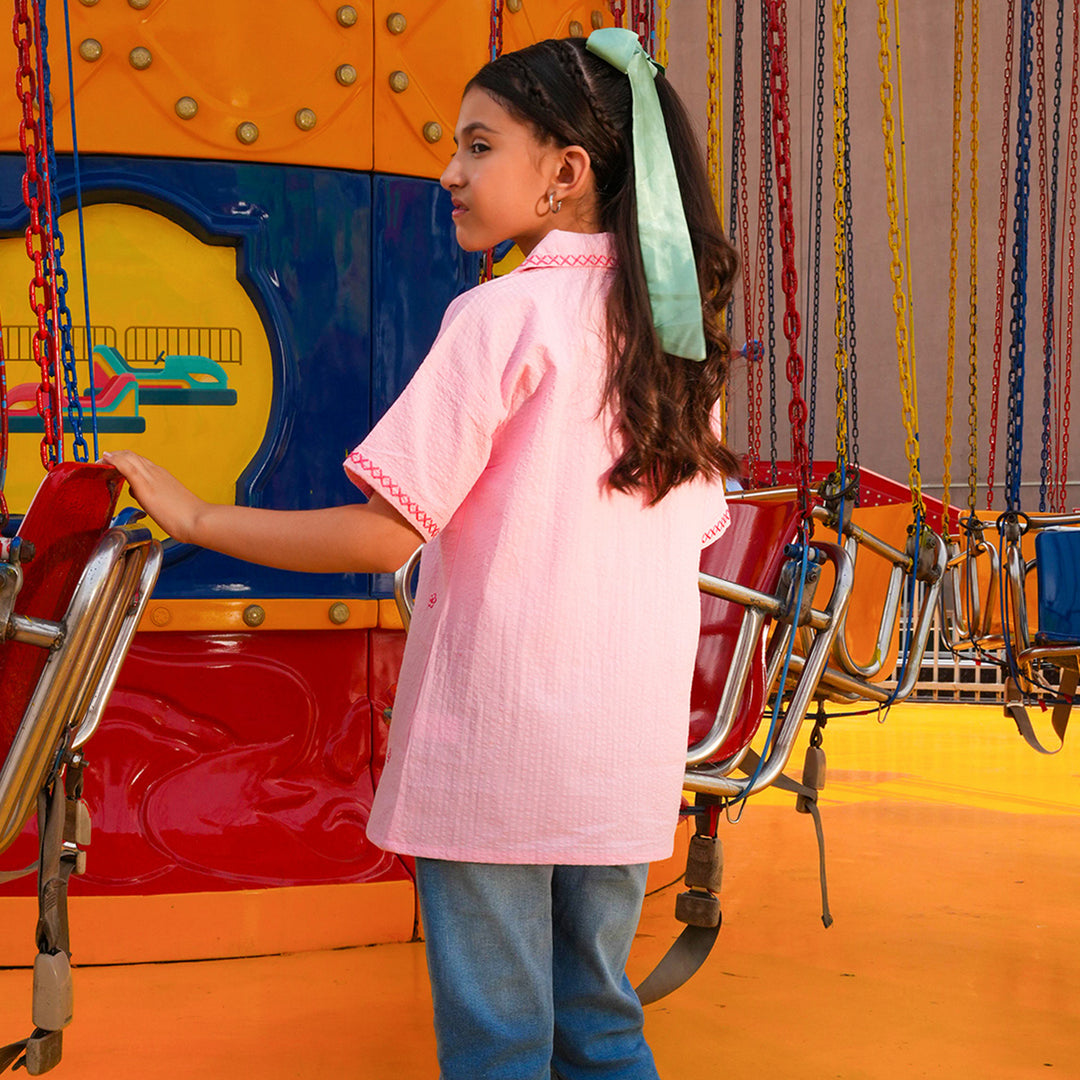 Girls Cotton Embroidered Top (Candy) - Pink