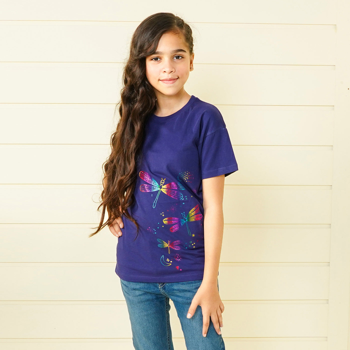 Girls Slub T-Shirt Dragon Fly - Navy Blue