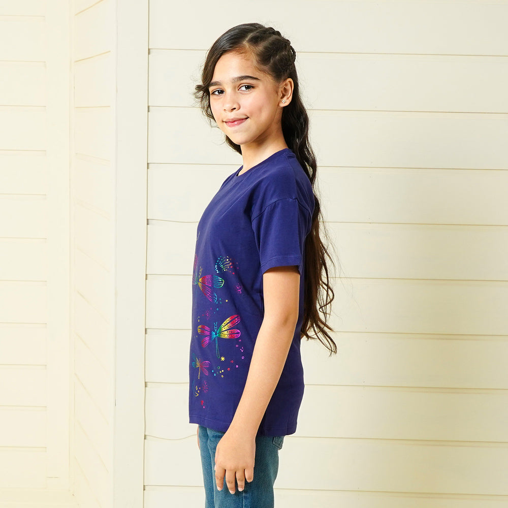 Girls Slub T-Shirt Dragon Fly - Navy Blue