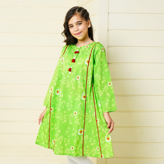 Girls Cotton Long Kurti Morning Glory - Green