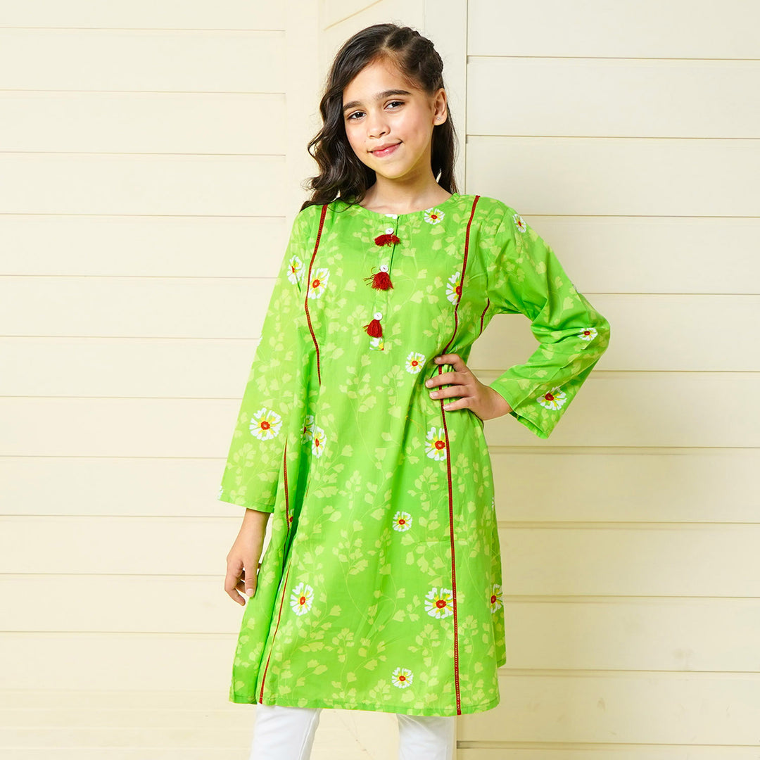 Girls Cotton Long Kurti Morning Glory - Green