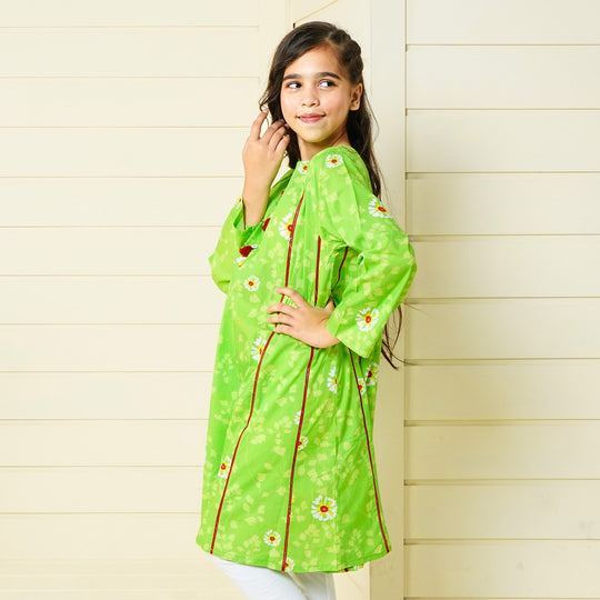 Girls Cotton Long Kurti Morning Glory - Green