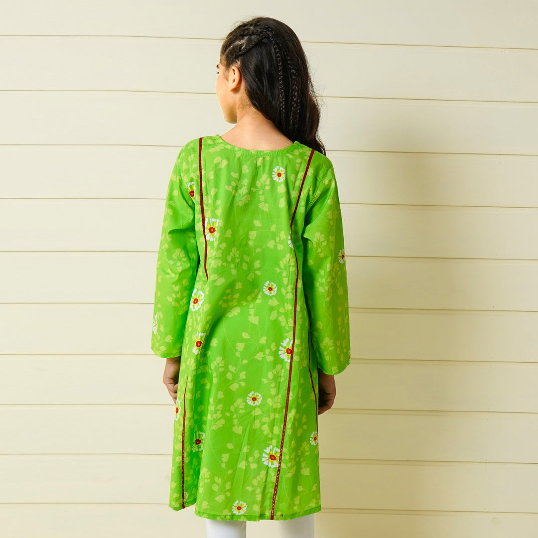 Girls Cotton Long Kurti Morning Glory - Green