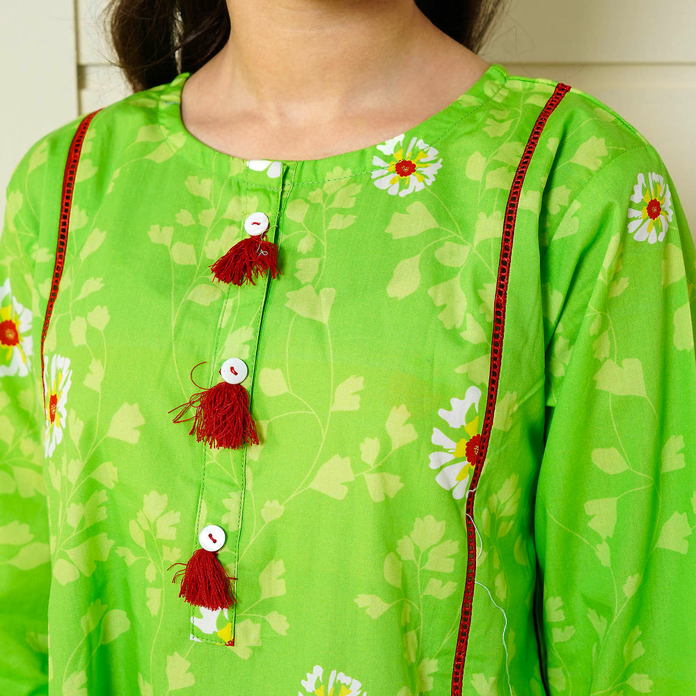 Girls Cotton Long Kurti Morning Glory - Green