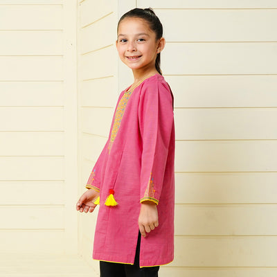 Girls Cotton Embroidered Kurti Highlights  - Hot Pink