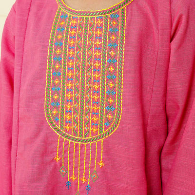 Girls Cotton Embroidered Kurti Highlights  - Hot Pink