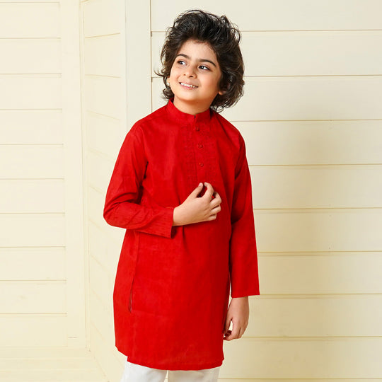 Boys Jacquard Embroidered Kurta - Red