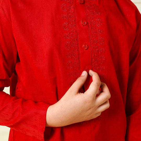 Boys Jacquard Embroidered Kurta - Red