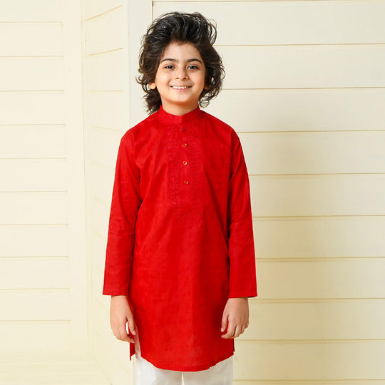 Boys Jacquard Embroidered Kurta - Red