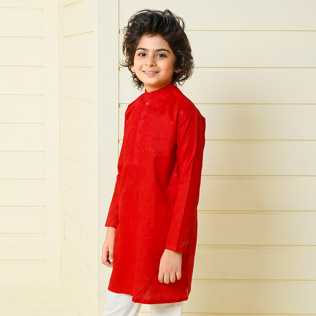 Boys Jacquard Embroidered Kurta - Red