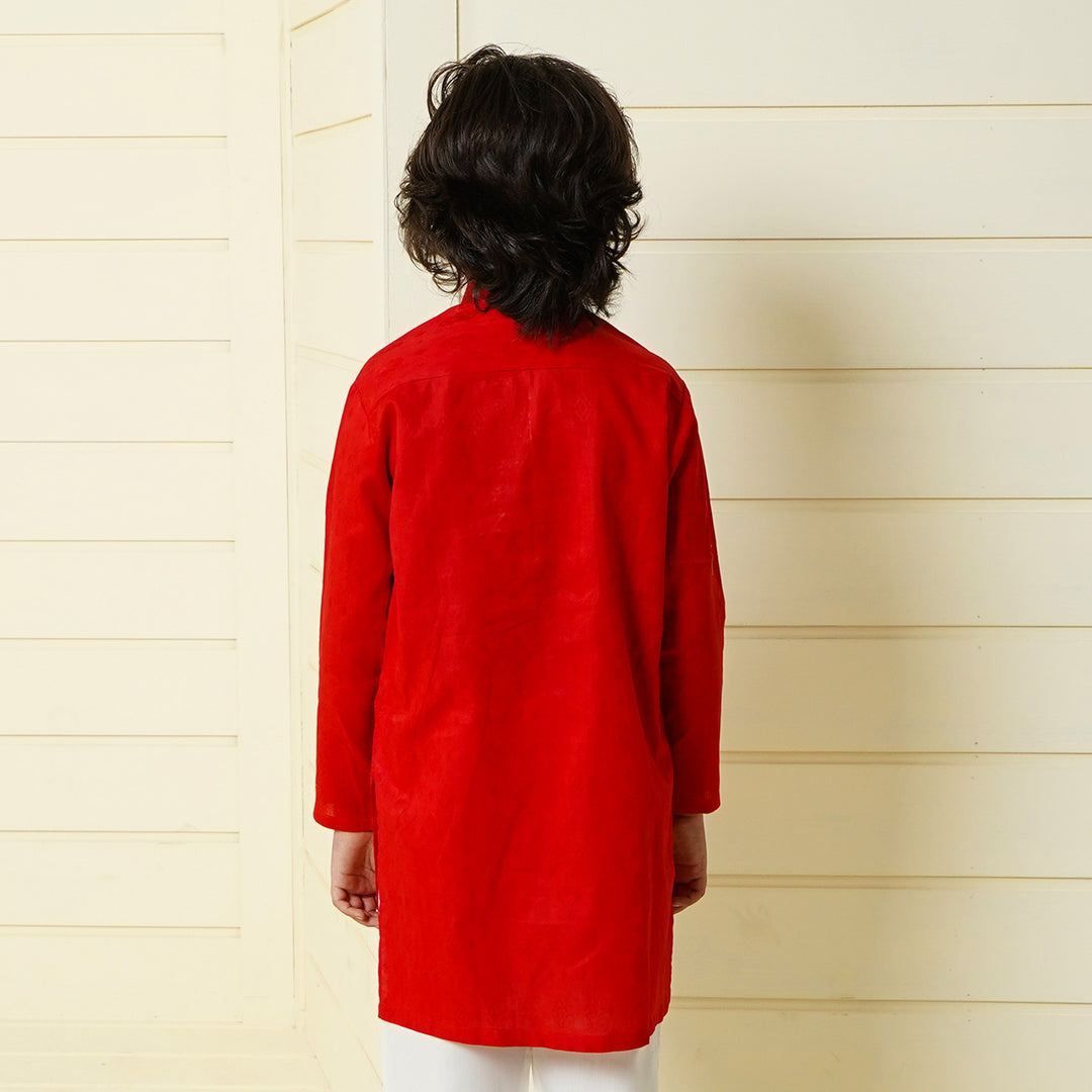 Boys Jacquard Embroidered Kurta - Red