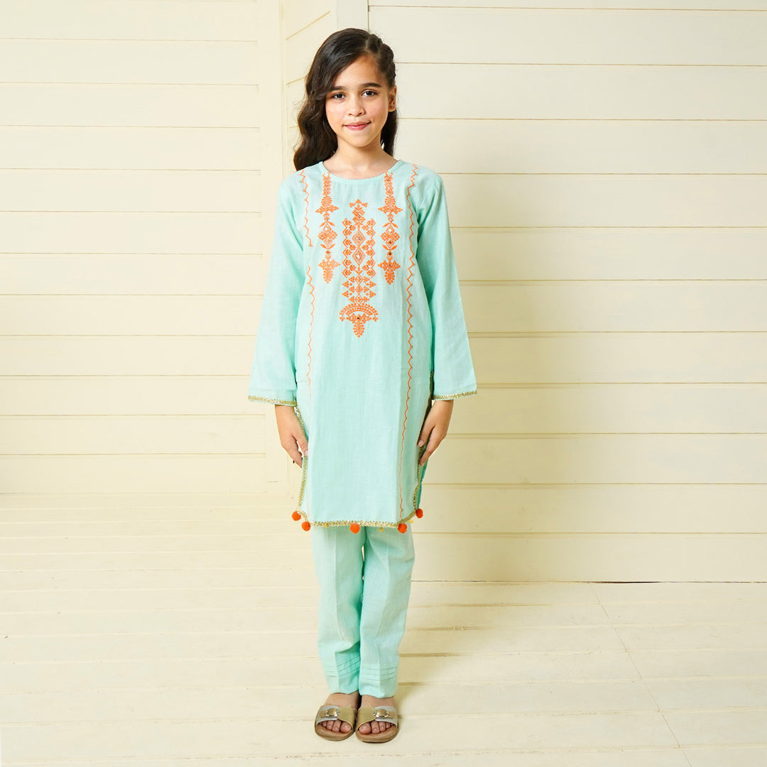 Girls Cotton 2PCs Suit Noor-e-Dill  - Mint Green