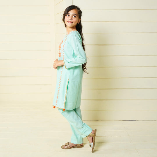 Girls Cotton 2PCs Suit Noor-e-Dill  - Mint Green