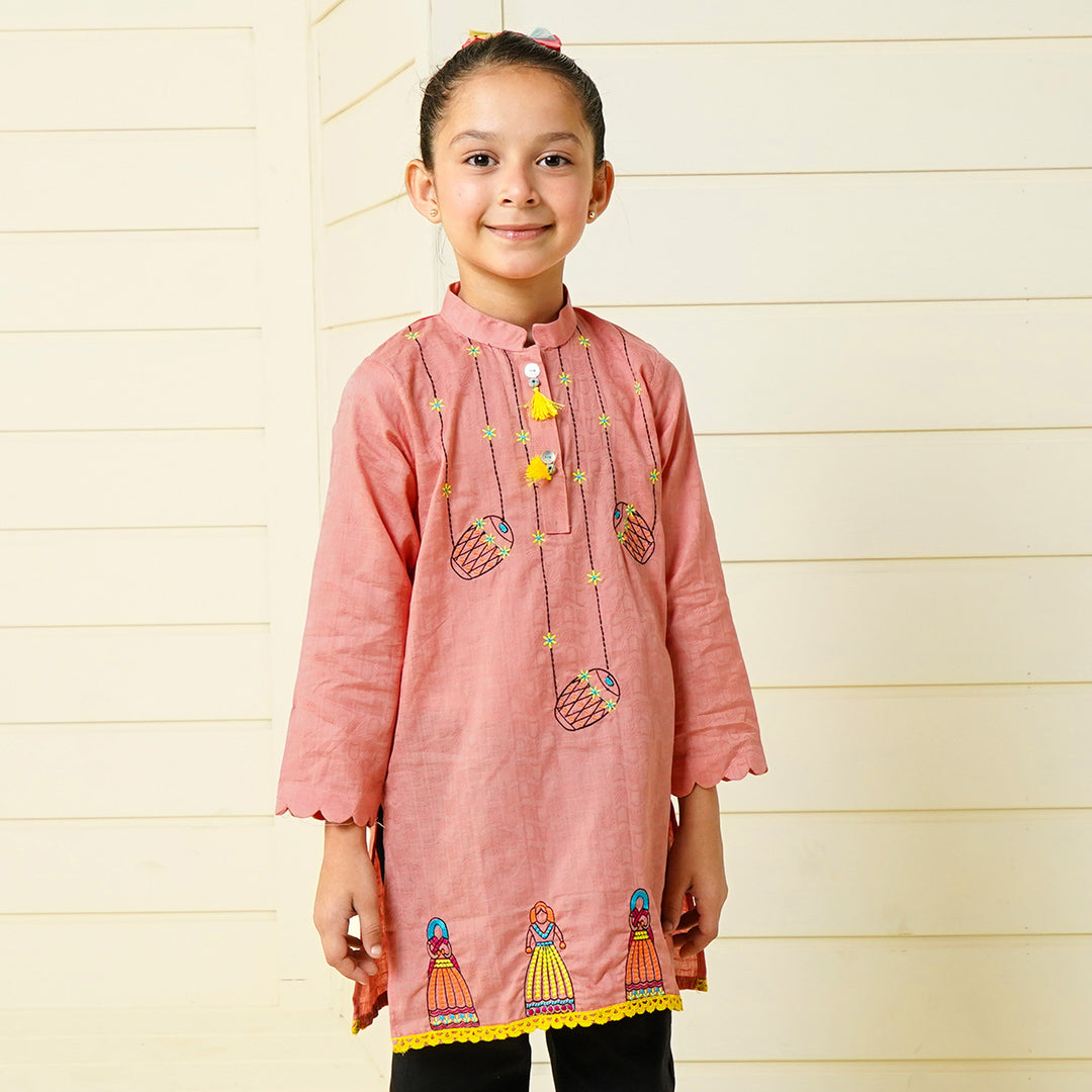 Girls Jacquard Embroidered Kurti Puppets - Peach