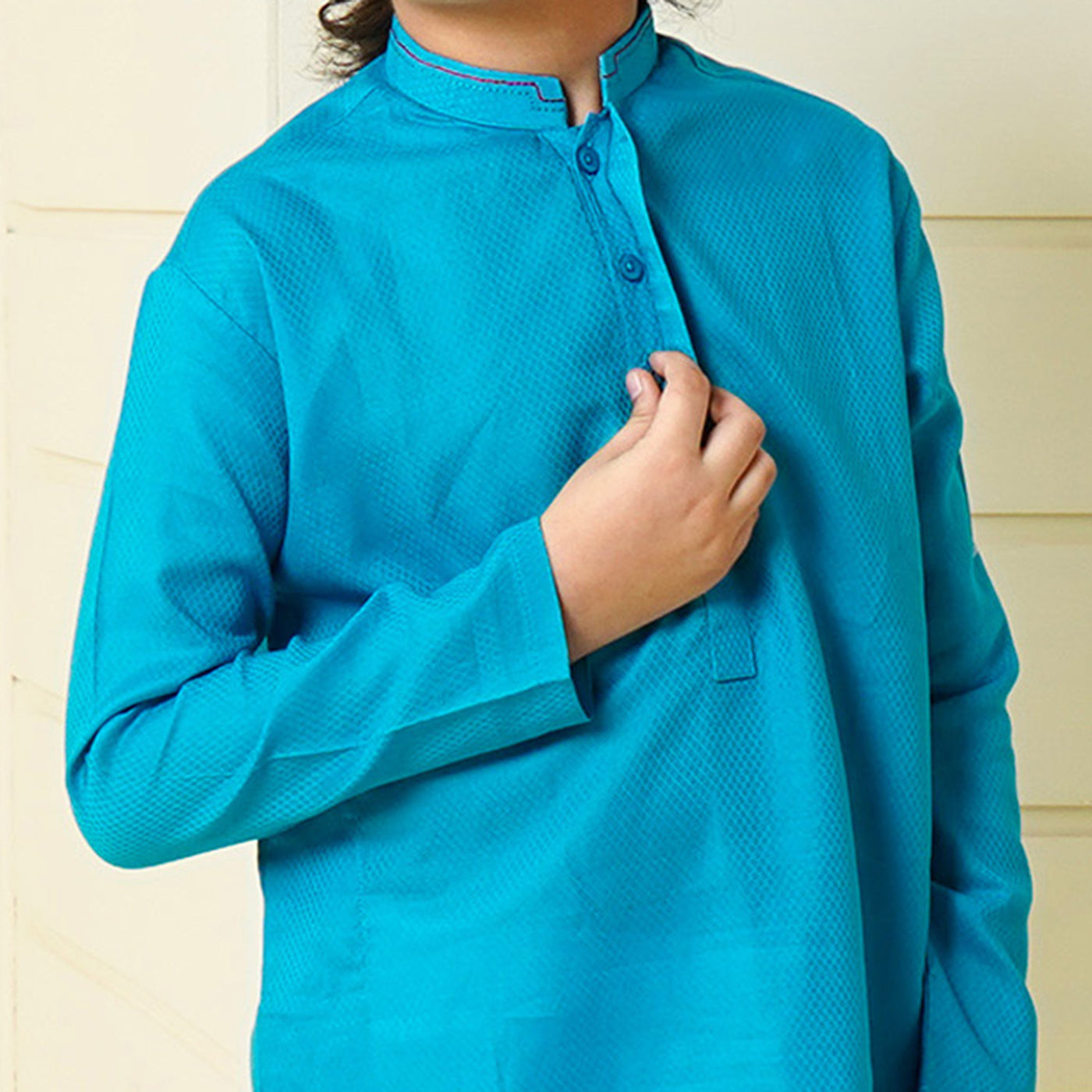 Boys Jacquard Embroidered Kurta - Turquoise