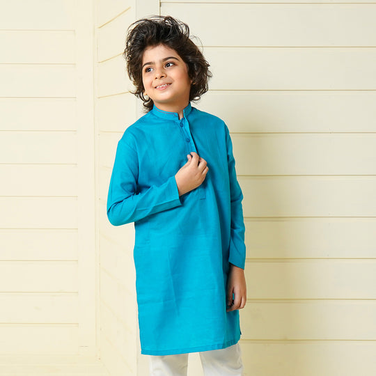 Boys Jacquard Embroidered Kurta - Turquoise