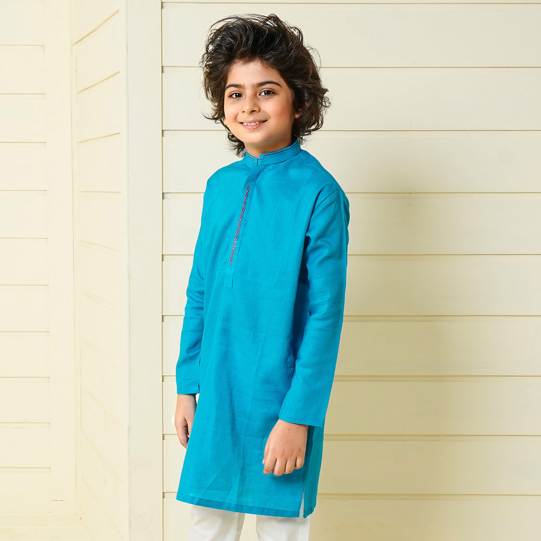 Boys Jacquard Embroidered Kurta - Turquoise