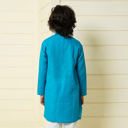 Boys Jacquard Embroidered Kurta - Turquoise