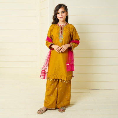 Girls Poly 3PCs Fancy Suit Gul-e-Nasreen - Mustard