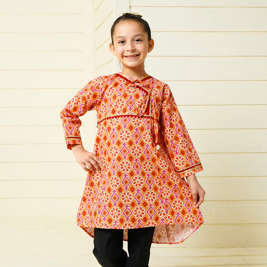 Girls Digital Print Kurti Cotton Vibrant - ORANGE