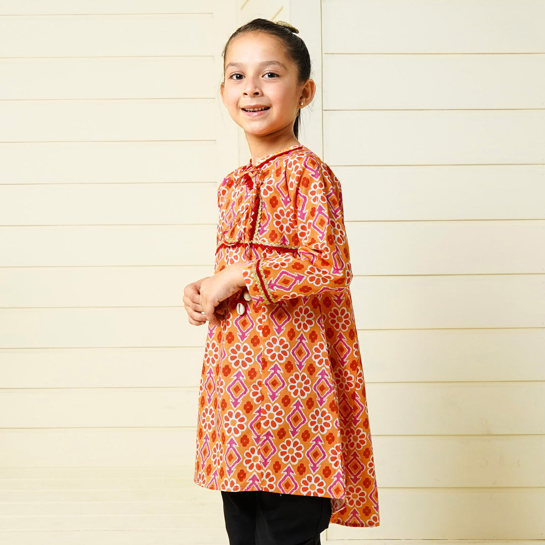 Girls Digital Print Kurti Cotton Vibrant - ORANGE